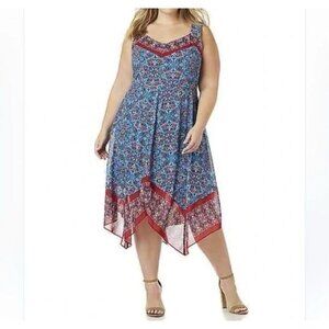 Catherines Georgette Blue Red Mandala Sleeveless Boho Handkerchief Hem Dress 2X